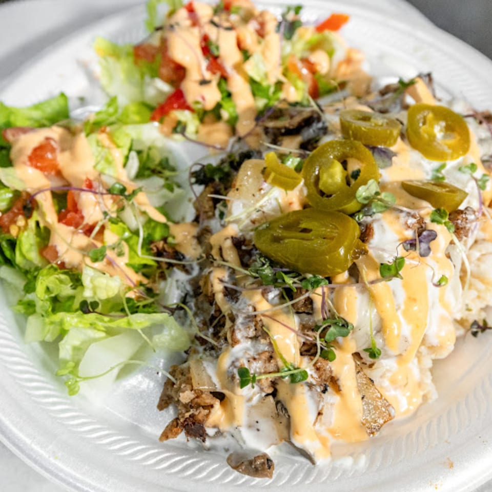 Plant Bae's vegan dish with rice, plant-based meat, jalapenos, and a side salad with dressing.